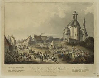Ansicht des Dorfes Waterloo, am Tag nach der Schlacht, 19. Juni 1815, nach A.M.S., veröffentlicht von James Jenkins, 1. Februar 1816